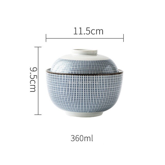 Cuenco de cerámica para sopa, tazón japonés de 4,5 pulgadas y 6,5 pulgadas con tapa, tazón de porcelana azul y blanca para arroz, tazón para sopa y estofado de