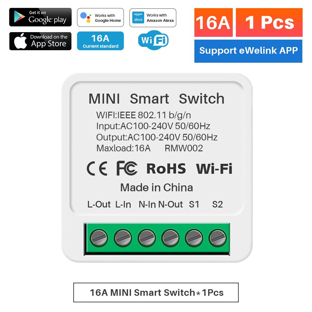 16A EWelink Wifi Switch Mini Smart 2-way DIY Switches Circuit Breaker Timer Module Support Alexa Google Home Alice SmartThings: Default Title