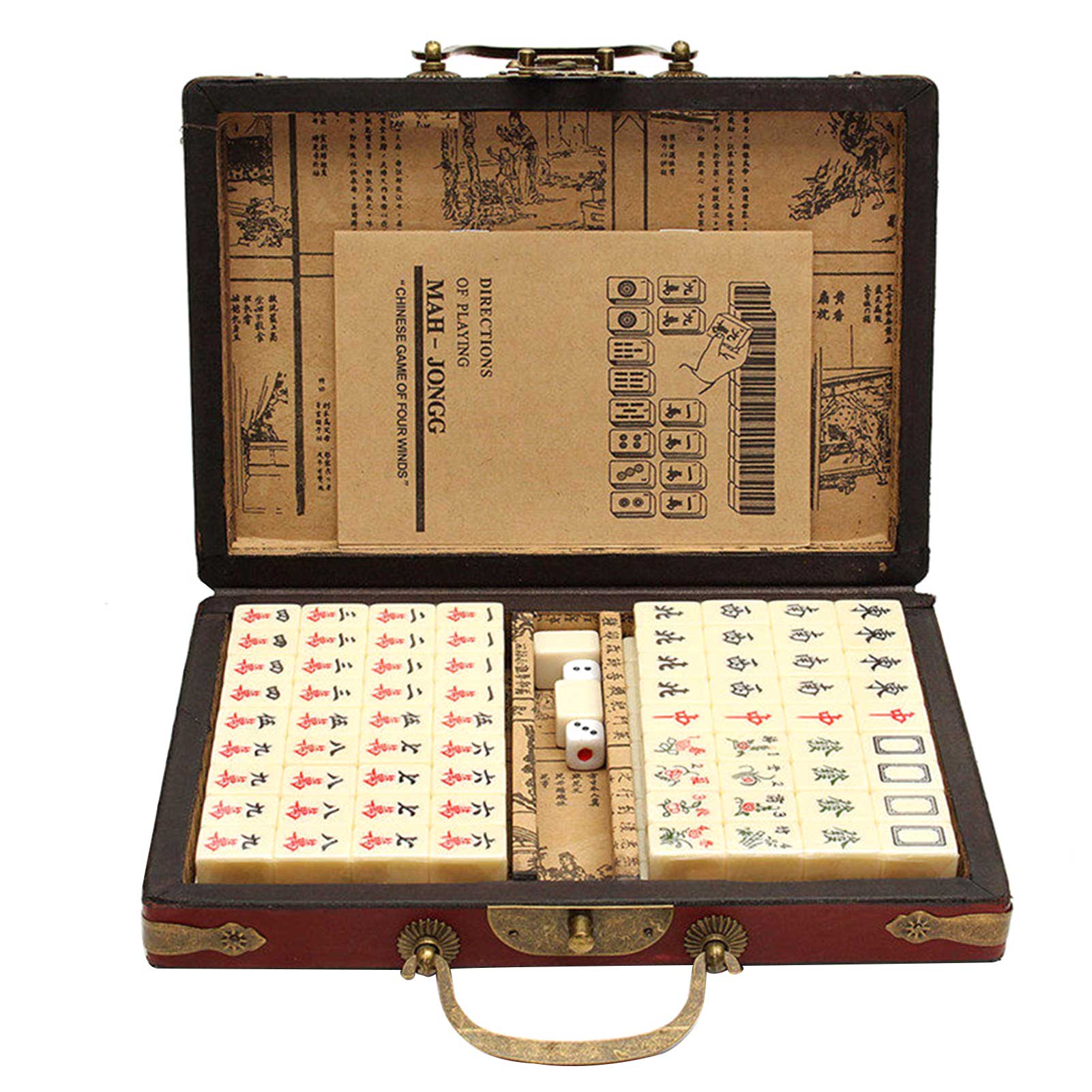 Chinese Mahjong Met Antieke Draagbare Case Volwassen Reizen Game Speelgoed Mahjong Praktische Duurzaam Gegraveerd Tegels Familie Games Speelgoed