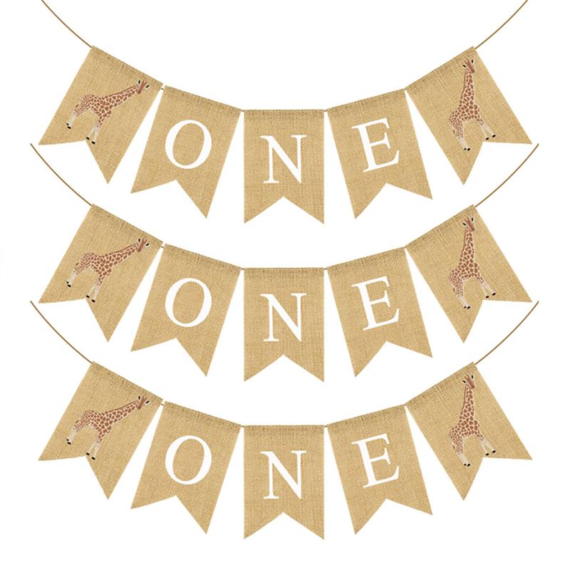 First Birthday Party Flag Giraffe and ONE Printing Burlap Banner Swallowtail Bunting Baby Shower Hanging Garland Party Supplies
