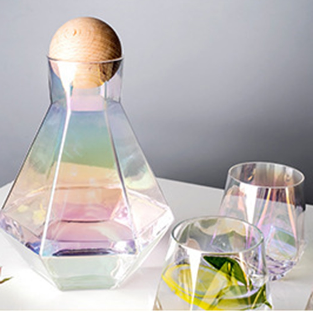 5 Stks/set Kleurrijke Water Potten Glazen Karaf Set Houten Deksel Karaf Pitcher Wijn Whisky Bier Sap Set Drinkwater Waterkokers
