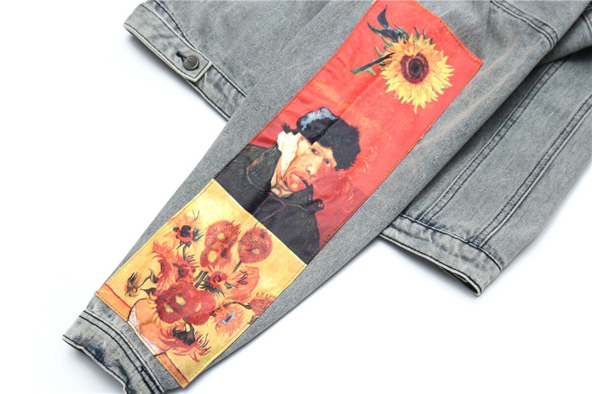 Van Gogh Painting Denim Jacket Men Women Couple Letter Embroidery Hip Hop Streetwear Washed Cotton Vintage Loose Goth Jeans Coat