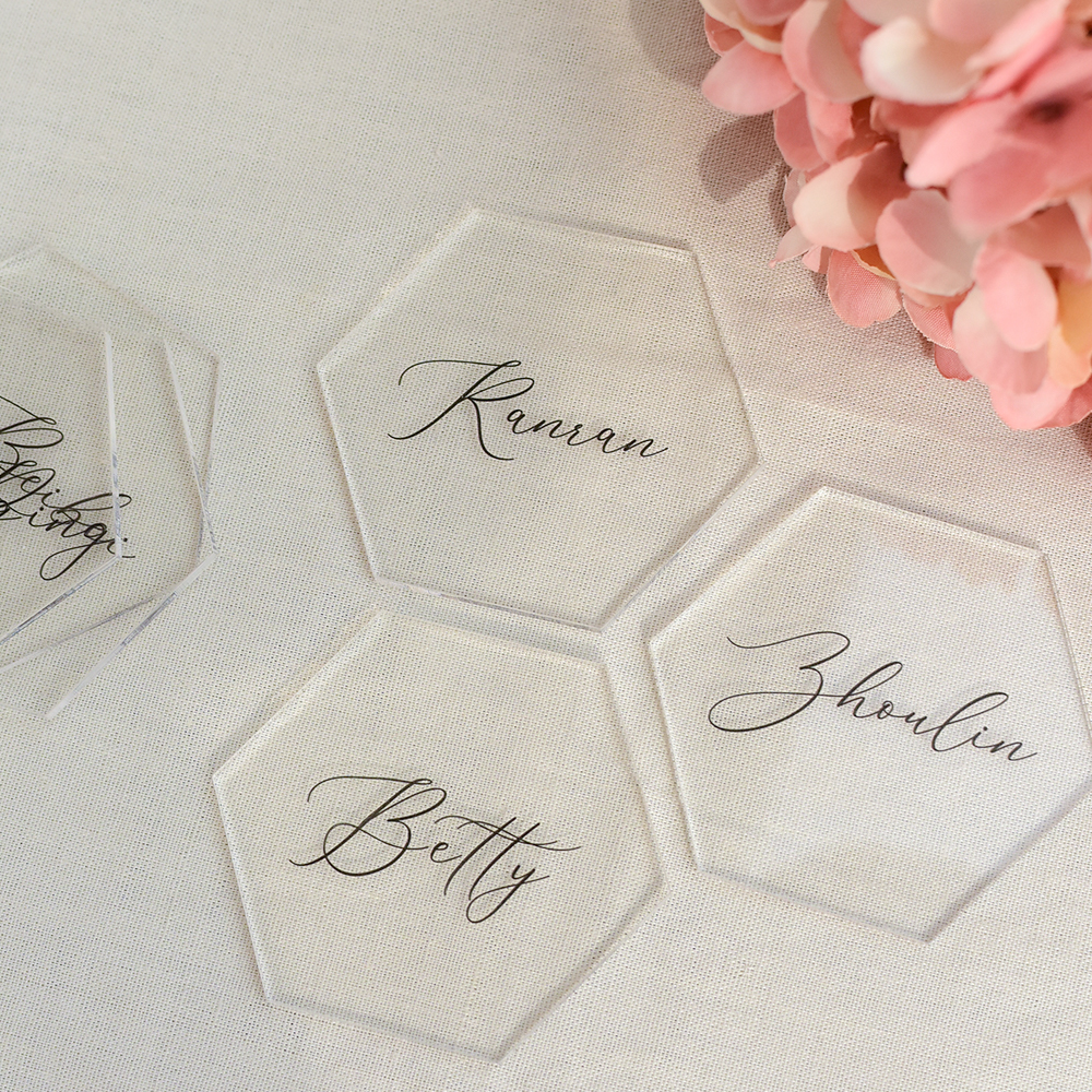 20Pcs Hexagon Clear Acryl Naamkaartjes Diy Blank Zitplaatsen Kaarten Voor Bruiloft Pary Banket Tafel Escort Nummers Platen Gast namen