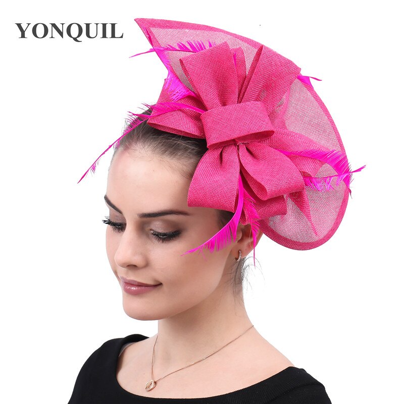 Nowe mody z kwiatami i piórami kapelusze ślubne eleganckie włosy fascynatory łuk akcesoria kobiece wesele kobiety stroik Pillbox kapelusze: hot pink