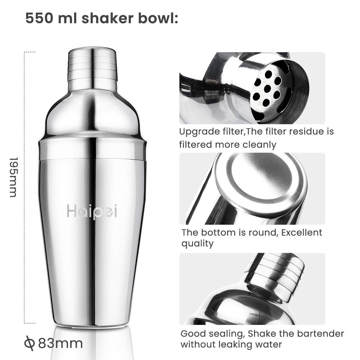 550ML Stainless Steel Cocktail Shaker Bar Set Barware Set Mojito Wine Martini Boston Shaker Mixer Maker Muddler Bartender Tools