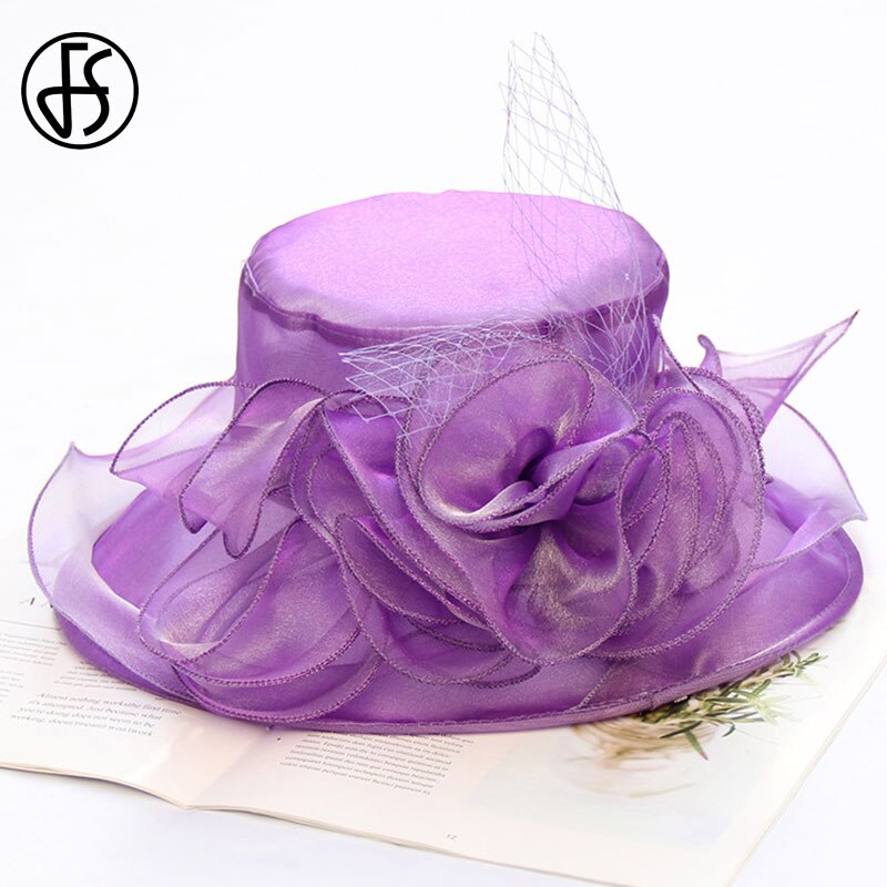 FS Pink Flowers Wide Brim Hat Church Wedding Women Purple Organza Hats Kentucky Derby Fedoras