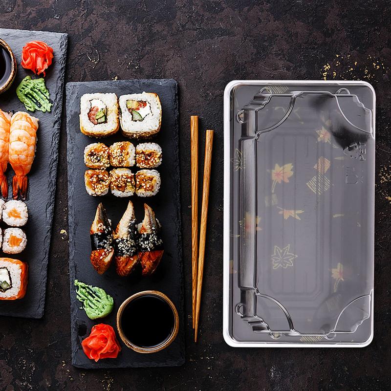 50 Pcs Disposable Sushi Box Plastic Packing Box Portable Food Storage Printed Takeaway Disposable Sushi Packing Box