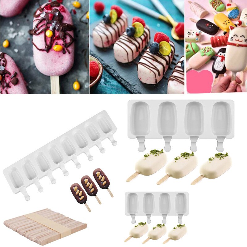 4/8 komórek silikonowe formy lód forma na krem zestaw z drewniane patyczki silikonowe czekoladowe lód Muzyka pop forma owalna forma robić lodów na patyku kostkarka robić lodu taca