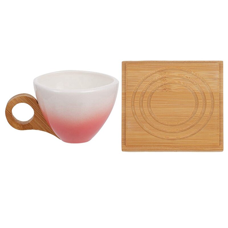 European Gradient Color Ceramic Coffee Cup Set Ideas With Bamboo Handle Coaster Ceramic Tea Cup: Pink