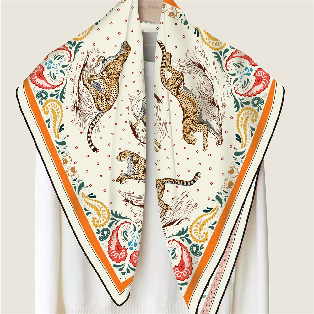 POBING-bufanda de sarga de seda enrollada a mano para mujer, bufandas cuadradas con doble estampado de leopardo, Echarpes Foulards, Hijab femenino de 90CM