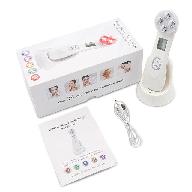 Electroporation Radio Frequency Facial LED Photon Skin Rejuvenation Face Lift Tighten Beauty Machine Face Skin EMS Mesotherapy: White with box