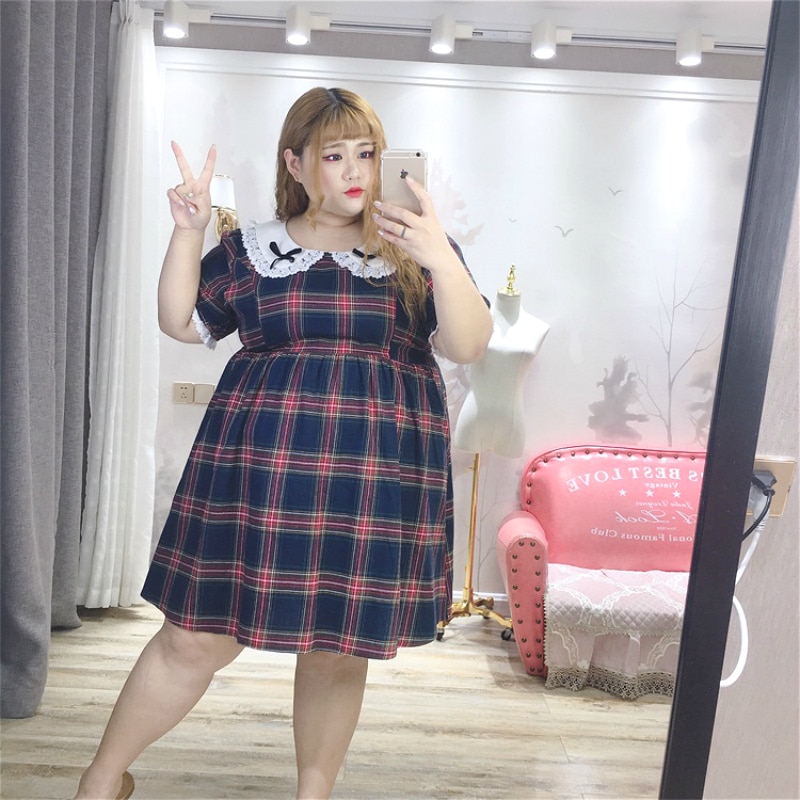 Vestido de verano de talla grande de Lolita para mujer, de chica gordito, dulce Loli, estampado a cuadros, encaje, manga corta, Xl-5xl