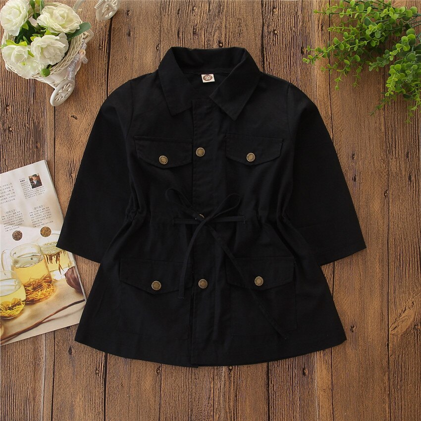 Gabardina Safari con bolsillo y cordón para bebé, traje de manga larga con cuello vuelto y botones, ropa de otoño para niñas pequeñas con solapa de doble botonadura: Negro / 7 años