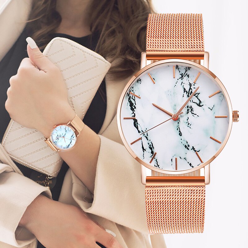 Mode Rose Goud Mesh Band Creatieve Marmer Vrouwelijke Polshorloge Luxe Vrouwen Quartz Horloges Relogio Feminino