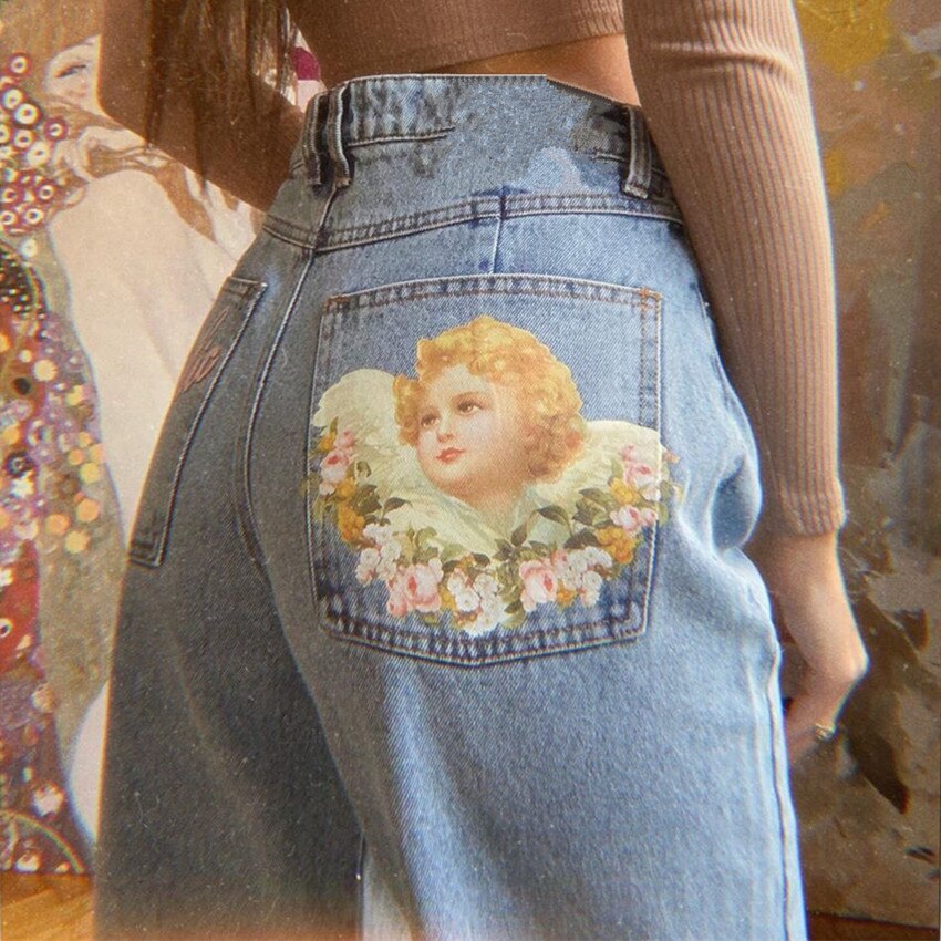 Retro denim løse mom jeans  y2k bukser lomme engel print baby blå høy midje bukser dame pantalon