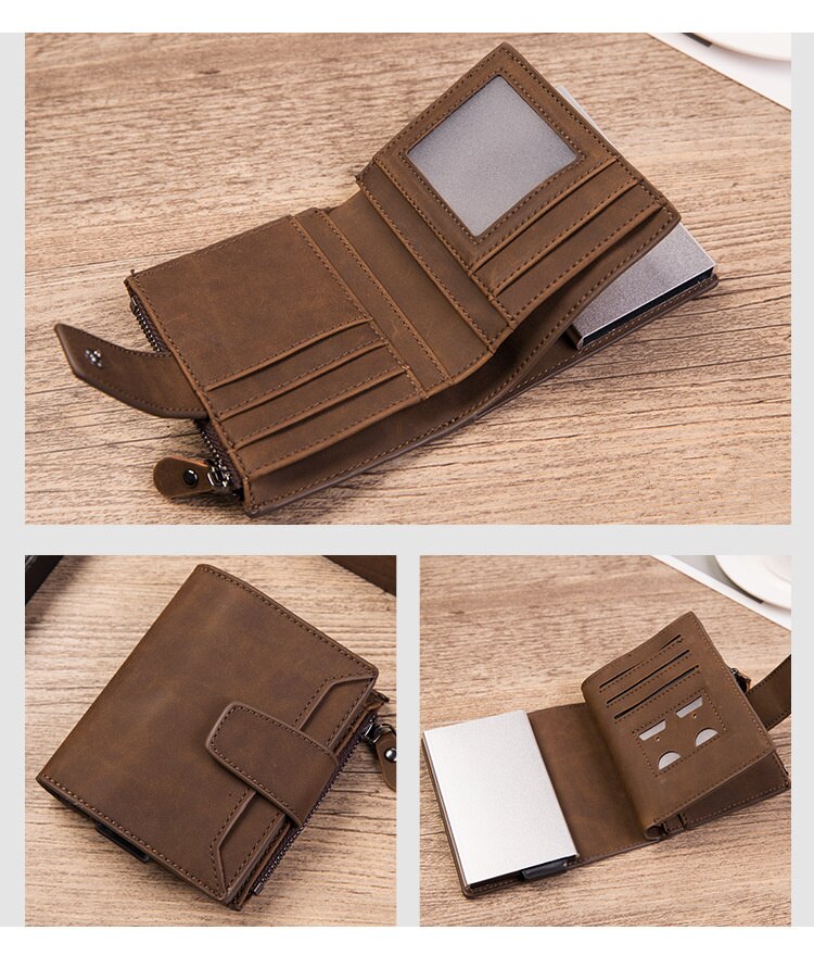 Unisex Aluminum Card Wallet Credit Card Holder with RFID Blocking Card Case PU Leather Card Wallet Carbon Fiber Wallet: coffee x-46