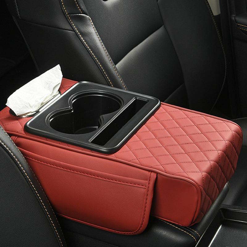 Coussin d'accoudoir de Console centrale automatique, avec 2 porte-gobelets, support de téléphone, coussin d'accoudoir en cuir PU, oreiller Portable pour voiture, coussin de hauteur