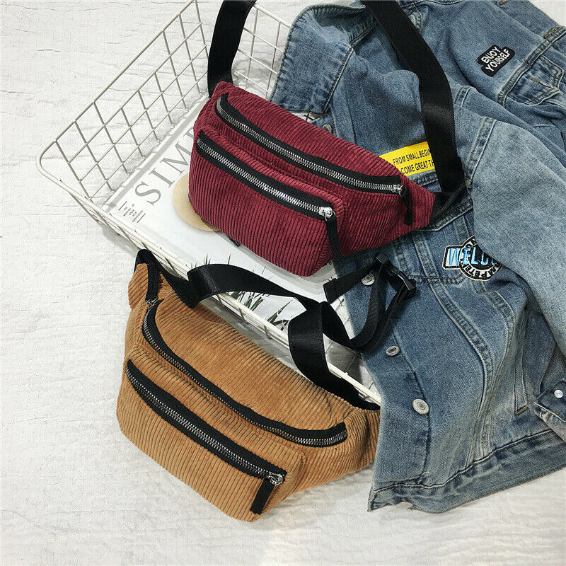 Women Waist Packs Fanny Pack Nylon Corduroy Belt Zipper Waist Bag Casual Chest Bum Bag