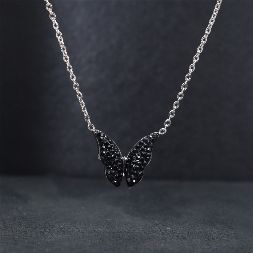 Unique Stainless Steel Gold Chain CZ Blue Butterfly Necklace For Women Bijoux Femme Pineapple Choker Necklaces Birthday BFF: Platiunm Black 2