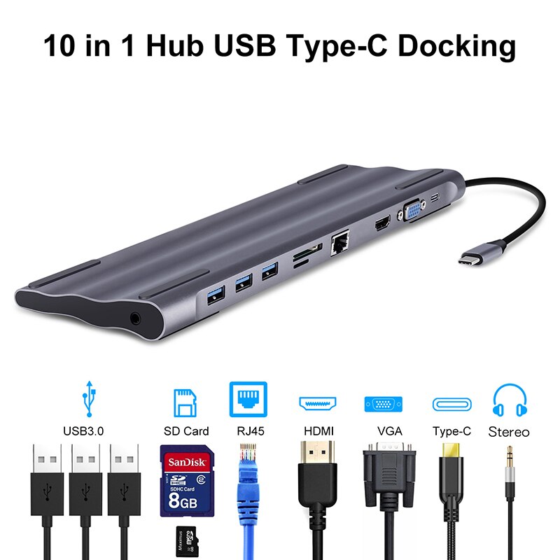 USB-C Hub for MacBook/Samsung Galaxy - HDMI 4K, RJ45, Thunderbolt 3, USB 3.0, Card Reader, PD