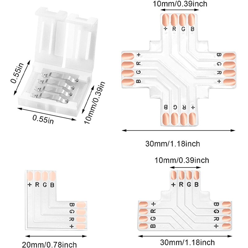 YO-LED Strip Lights Connectors 4-Pin RGB Strip Lights Connectors T-Shape Solderless LED Connectors For 5050 RGB Strip Light