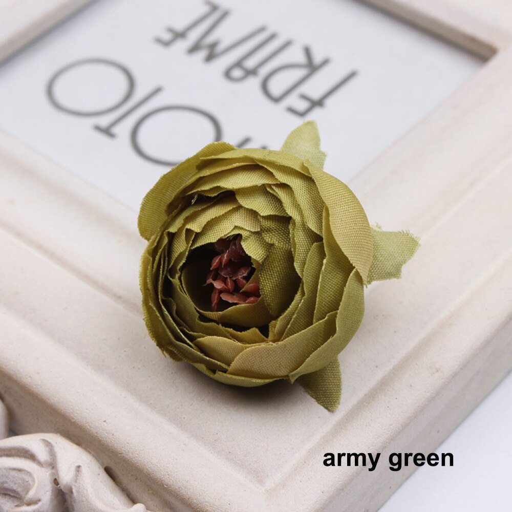 5 stuks 5cm kunstbloemen handgemaakte zijden stoffen bloemhoofdjes boeket voor bruiloft feest huisdecoratie doe-het-zelf doos knutselen: Legergroen