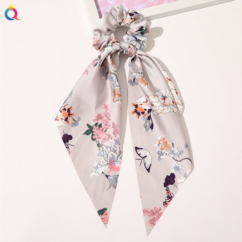 Floral Print Scrunchies Chiffon Bow Elastic Hair Bands Women Hair Ties Rubber Bands Ponytail Scarf Hair Accessories: Dark Grey