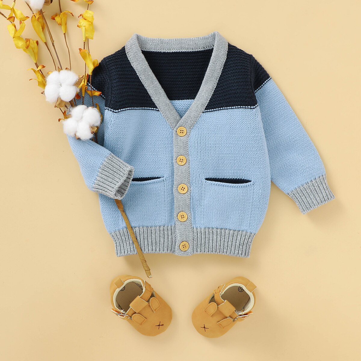 Boiiwant 2020 outono inverno bebê meninos meninas cardigan casacos azul remendo bolsos de malha manga longa camisola superior infantil outwear 0-18m