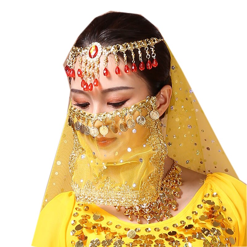 2pcs/pack Women's Belly Dance Tribal Face Veil Egyptian Mask Halloween Accessories Beautiful Sequin Tribal Dance Costume: Yellow