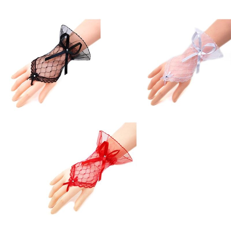 Bridal Wedding Short Fingerless Gloves Rhinestone Bowknot Sheer Lace Mittens