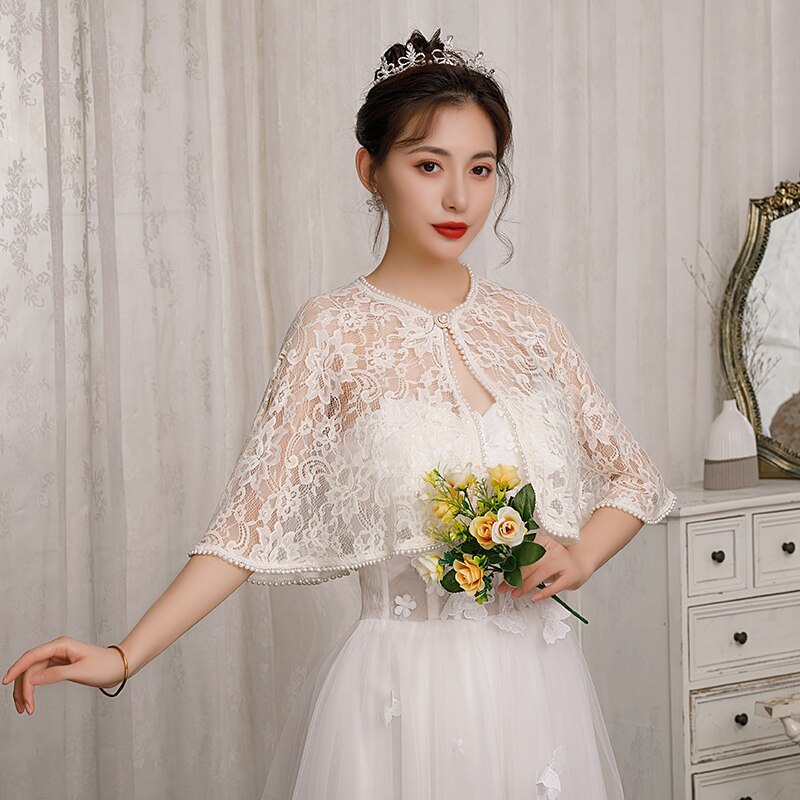 Women Lace Jacket Evening Wraps Bridal Wedding Party Bolero Pears Beaded With Brooch: Champagne