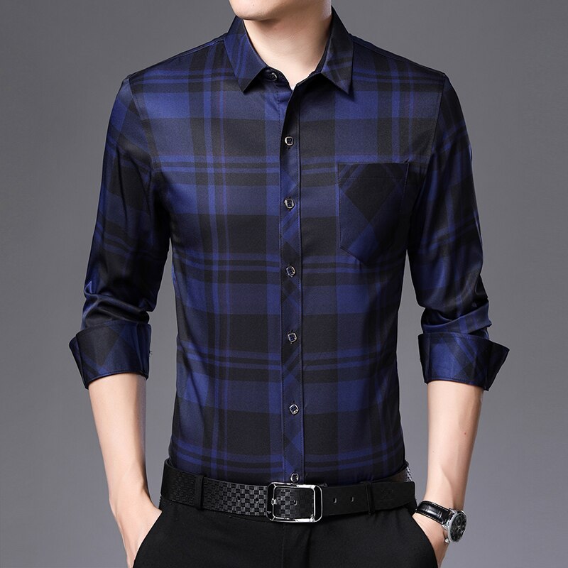 Miacawor Heren Shirts Lente Lange Mouw Slim Fit Camisa Masculina Business Casual Plaid Shirts Vintage Mannen Kleding C589