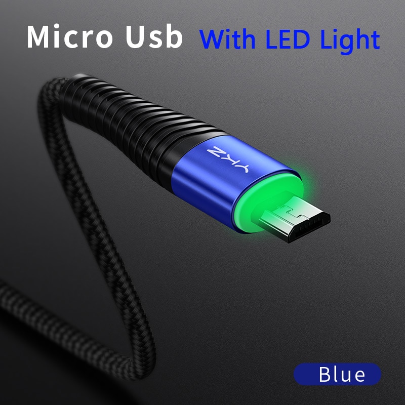 Ykz 3a led micro usb cabo de carregamento rápido microusb carregador data cabo fio para samsung huawei xiaomi cabo android telefone móvel: Blue with LED / 2 m