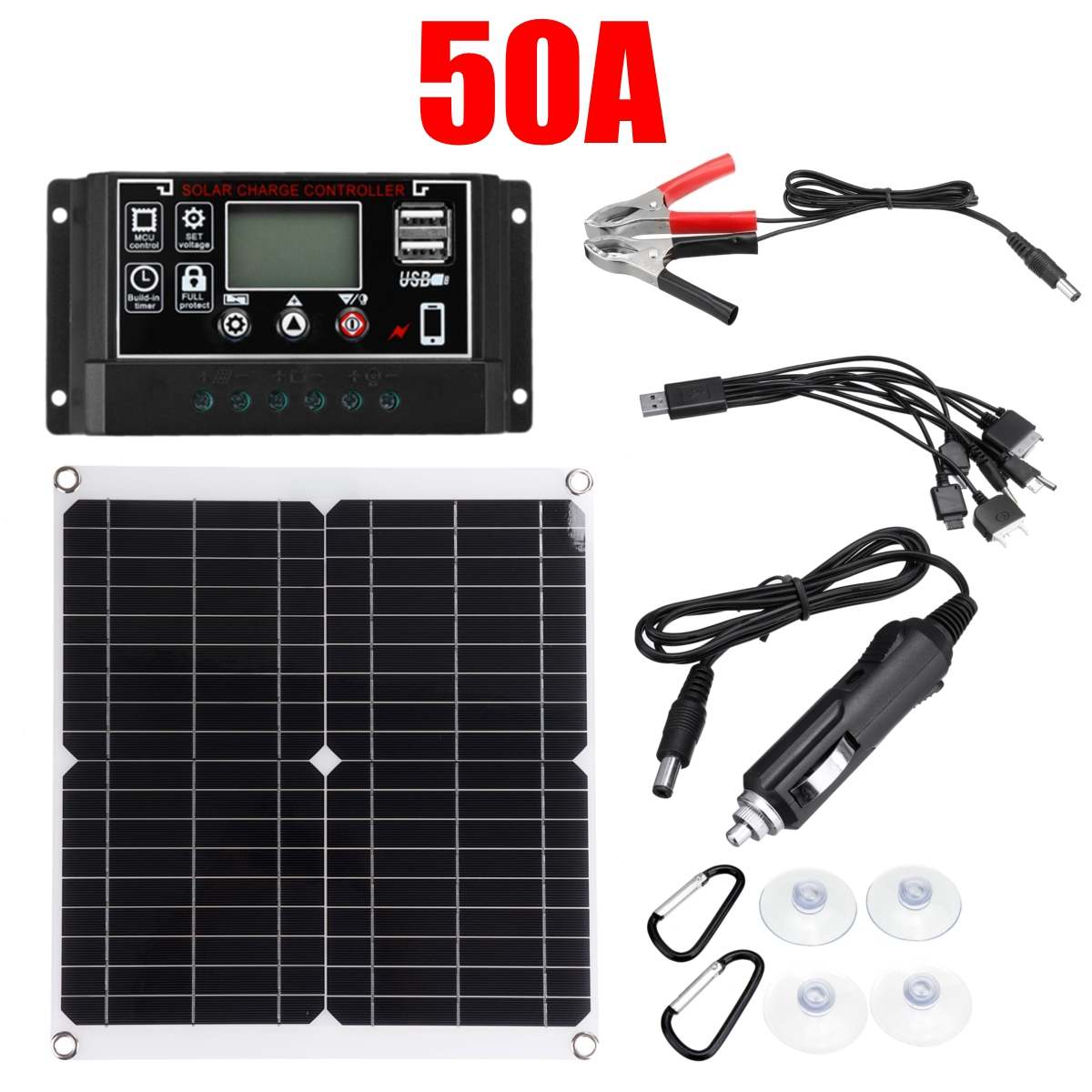 50W 18V Solar Panel with battery Clip+10/20/30/40/50/60A Solar Car Charger Controller Solar Cells for Outdoor Camping Hiking: with 50A controller