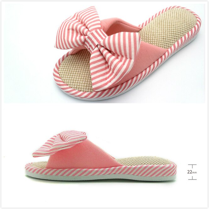 Intérieur maison pantoufles couleur bonbon printemps femmes chambre dessin animé noeud papillon dames diapositives confortable coton plancher lin maison chaussures