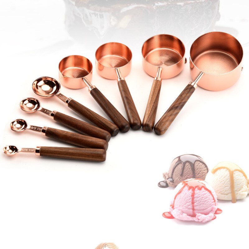 Juego de cucharas de medir de cocina, conjunto de herramientas de horneado, Escala de cucharilla, medida, mango de madera de nogal, taza de medición de oro rosa para el hogar y la Oficina, 4 Uds.
