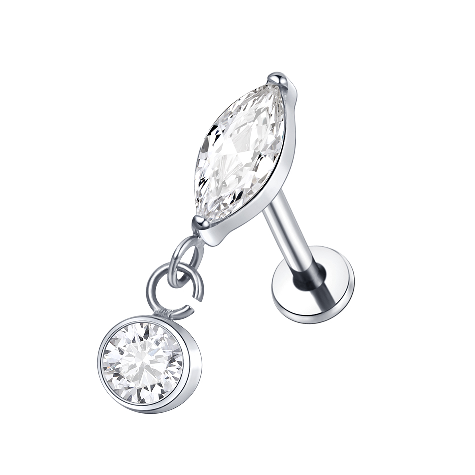 Pendientes de titanio para cartílago de la oreja, Piercings de rosca interna, perno de hélice oculto, cadena drapeada CZ, joyería con parte posterior plana, 16G, 1 ud./5 uds.: Rojo / Chapado en platino