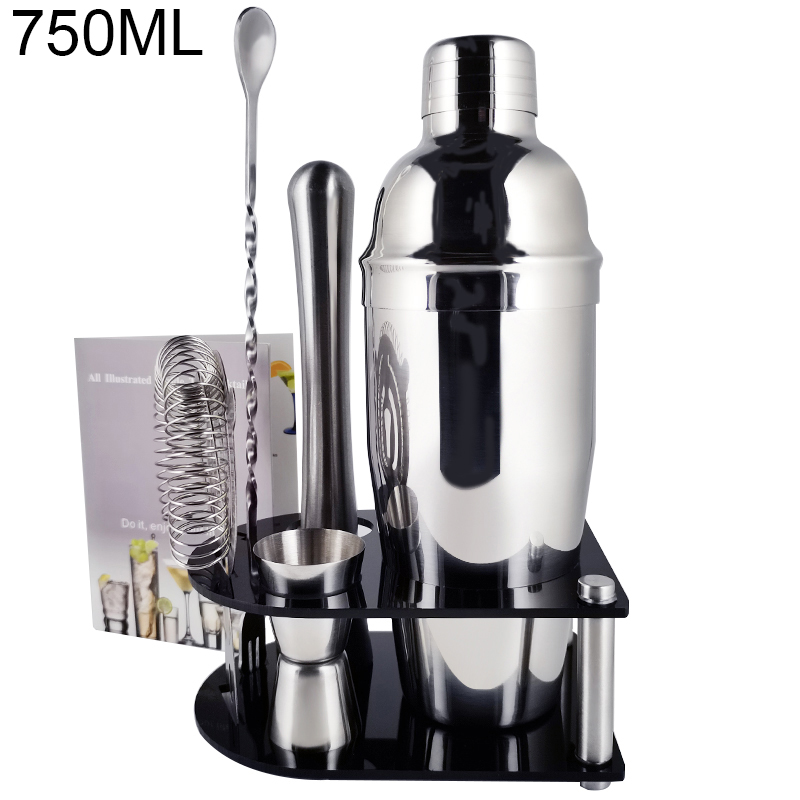 Martini Cocktail Shaker Set Bartender Kit: 5-7 Piece Bar Tools Wine Spoon Muddler Jigger Strainer with Stand Drinks Recipe: 7P 750ML Stand