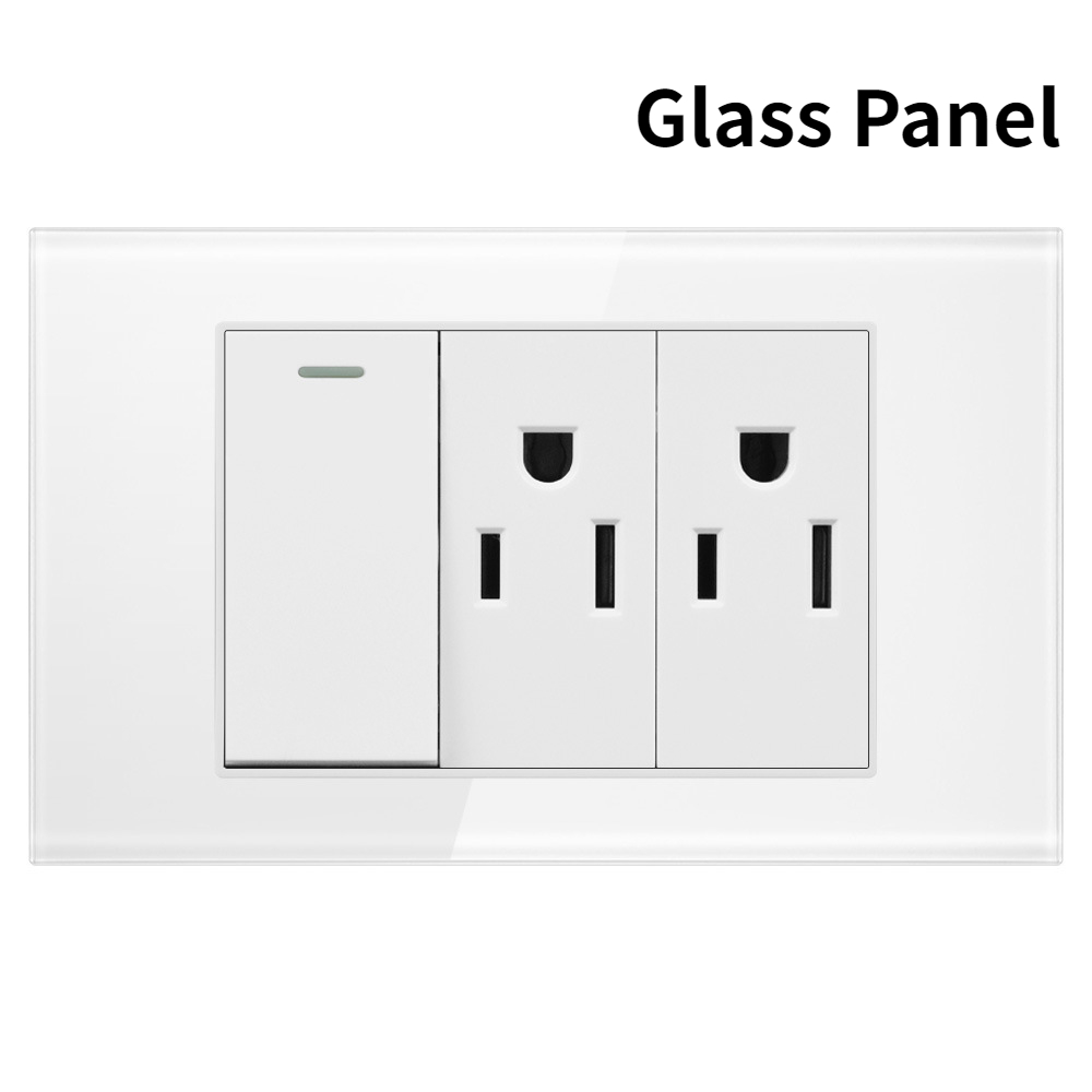 US Power Wall USB Socket Type C Light Switch Double Pole Plastic&Glass Panel Outlet Plate Home Office Electrical Plug Appliances
