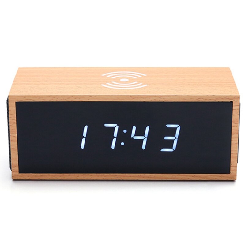 Wooden Alarm Clock with Bluetooth Speaker LED Digital Clock Wireless Charging Mobile Phone Wooden Thermometer Clock: White