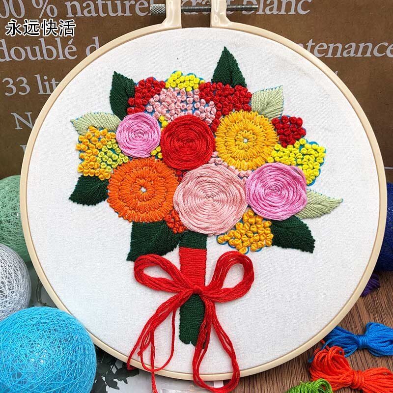 European-style Flowers DIY Embroidery Ribbon Set Beginners With Embroidery Shed Sewing Kit 3D Flowers Embroidery Kit with Hoop: 7
