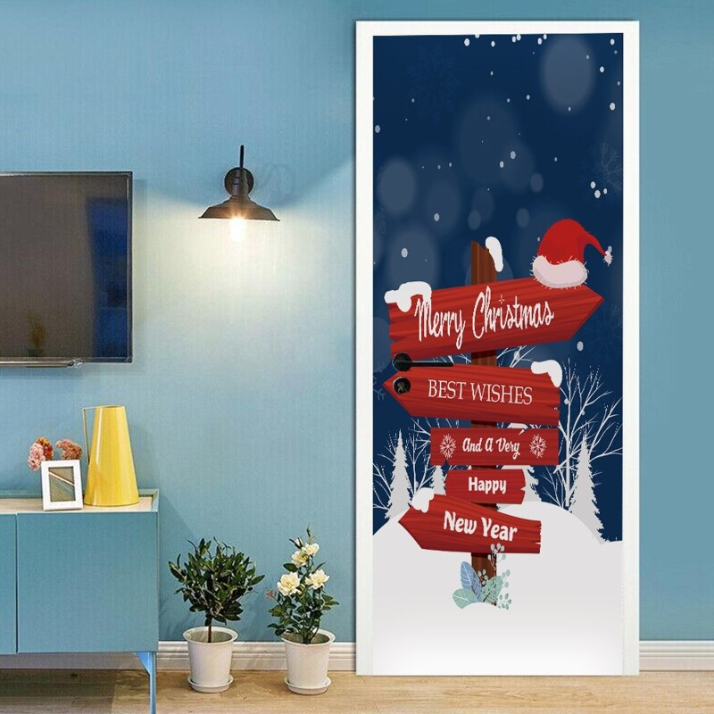 2pcs/set 3D Merry Christmas Sign Decorative Door Sticker Waterproof Self Adhesive Wallpaper Wall Mural Decal