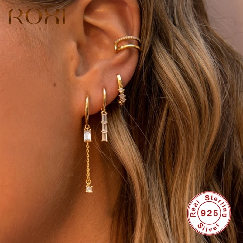 ROXI forma semicircular cuadrado cristales Pendientes para las mujeres Pendientes de boda Piercing de Plata de Ley 925 Pendientes de botón Pendientes