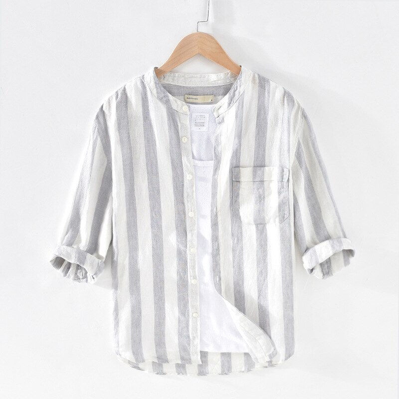 Menn vår sommer japan stil stativ krage trekvart ermet stripe skjorte herre 100%  lin casual skjorter: Grå / M (asiatisk størrelse)
