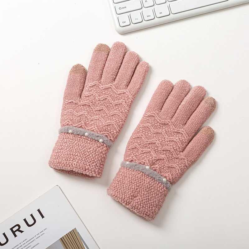 Vinter stickade handskar för kvinnor tjocka varma handskar kvinnlig pärladekoration pekskärm full fingrar handledsvantar damer guantes