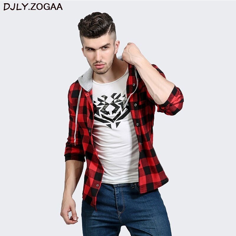 Camisas casuales a cuadros para hombre, camisas ajustadas de manga larga con capucha, estilos de algodón ajustados, ropa de marca para hombre, tops a cuadros cálidos de otoño de talla grande.