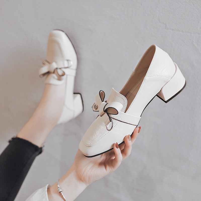 Klassieke feestschoenen dames metalen pumps strik hoge hak merk dikke hakken schoenen dames jurk pumps