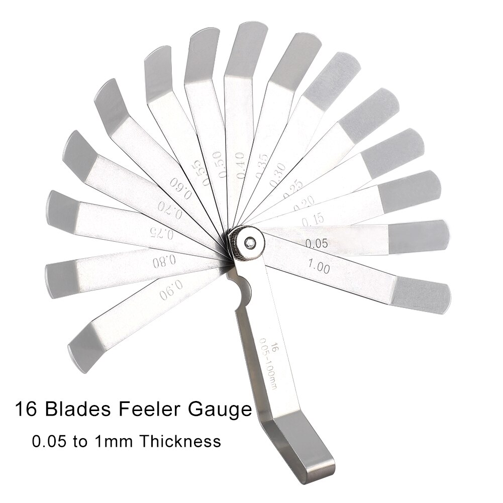 16 blade 0.05 to 1mm tykkelses mellemrum metrisk påfyldningsføler måleblade tændrørsmåleværktøj til følermåler ventil mellemlæg