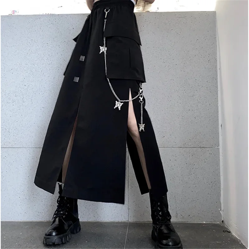 Falda larga de estilo coreano para mujer, falda larga negra con abertura lateral de cadena, ropa de calle de Hip hop, talla grande, primavera y otoño,: XS