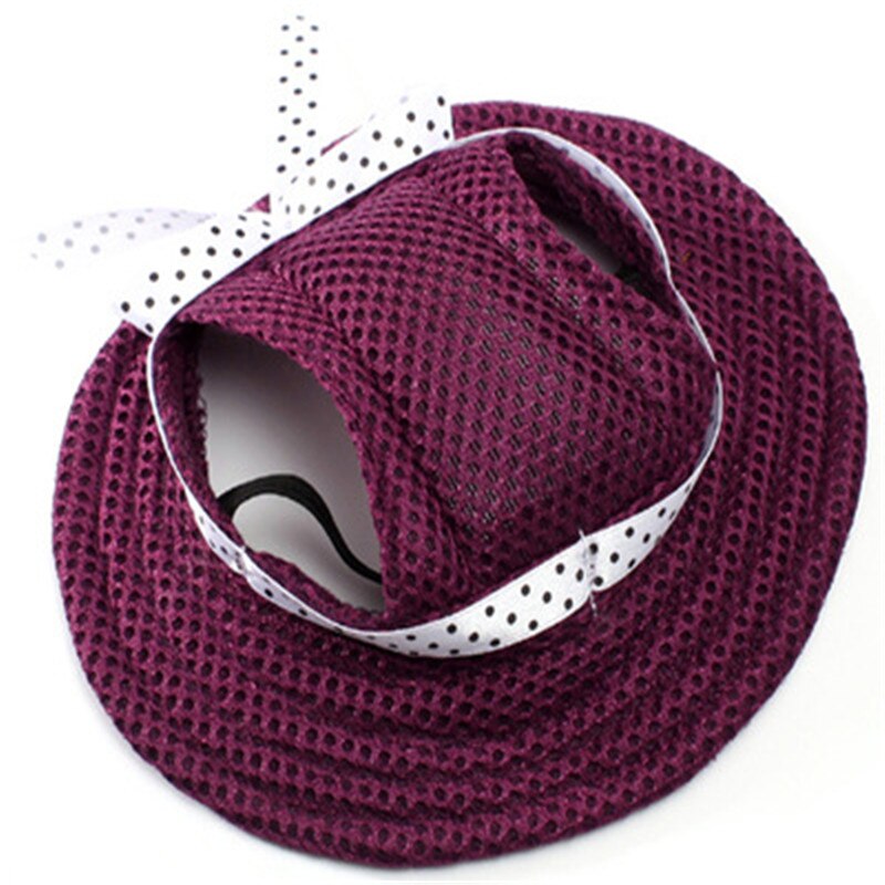 Sommar sällskapshund söt print keps baseballhatt liten hund med öronhål bowknot mesh andningsbara hundhattar: Lila / S